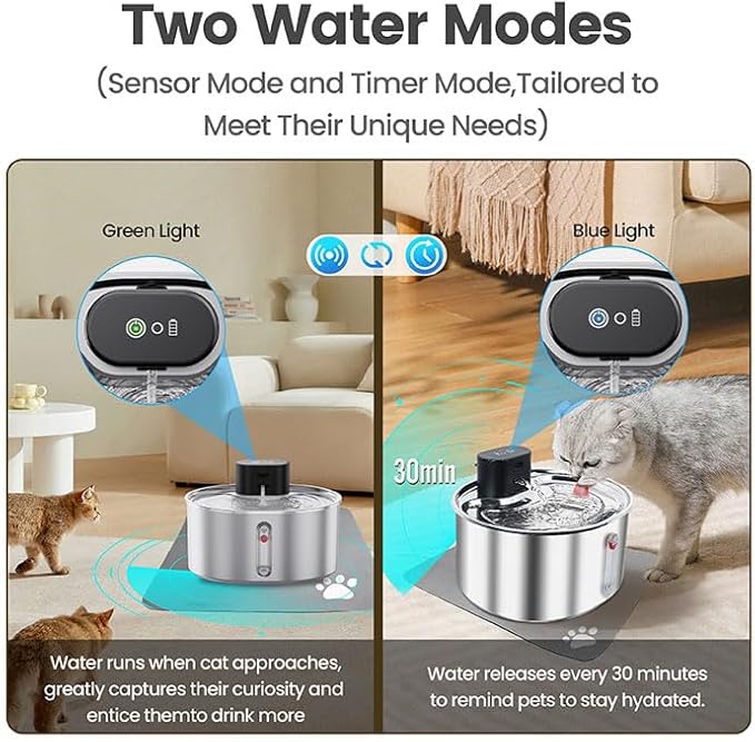 Virtulance No Pump Cat Water Fountain with 3 Filter - 3.2l/108oz Wireless Stainless Steel Pet Water Fountain, Cordless Automatic Dispenser, Battery Operated Fountain with Motion Sensor