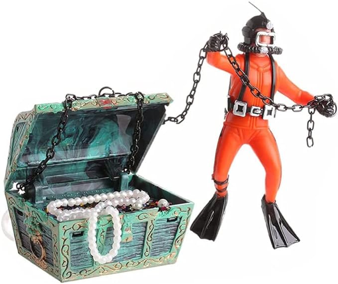 Live-Action Aquarium Ornament Creative Undersea Treasure Chest Diver Air Bubbler Aerating for Fish Tank Decorations Orange Color