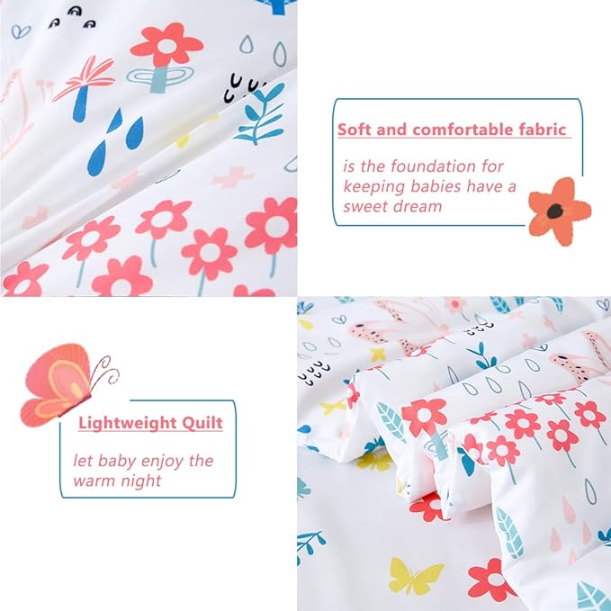 PERFEMET Girls Floral Comforter Set 4 Pieces Flower Bedding Set for Twin Bed Botanical Trees Leaves Butterfly Pattern Comforter for Teens Kids Bed in a Bag for All Seasons(White, Twin)