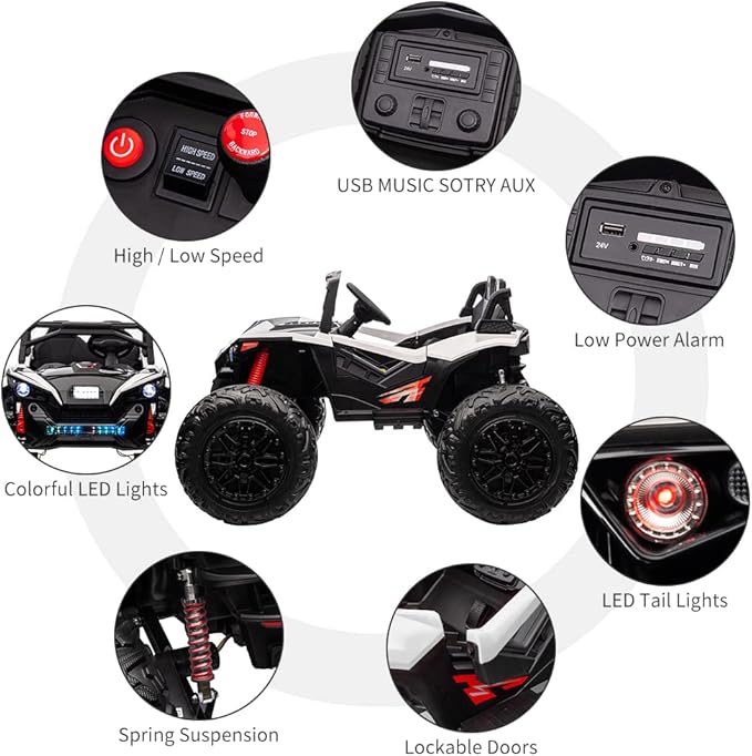 2 Seaters 24V Ride on UTV with Remote Control,10AH Battery, 400W Powerful Motors with 17" EVA Wheels, 20.5“ Seat Width Electric Ride Toy with Metal Suspension,LED Lights,Music,Horn (White)