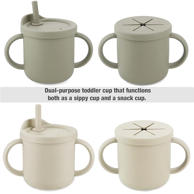 PandaEar 2 Pack Silicone Baby Straw & Snack Cup with 2 Spoons 2 Forks, Dual-Purpose Toddler Training Cups, Light Tan/Walnut
