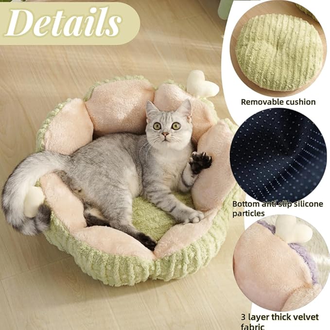 LYFJMUS Cactus Cat & Dog Beds - Fluffy Cat House with Removable & Washable Cushion Pillow, Warm Sleeping Bed for Cats & Small Dogs