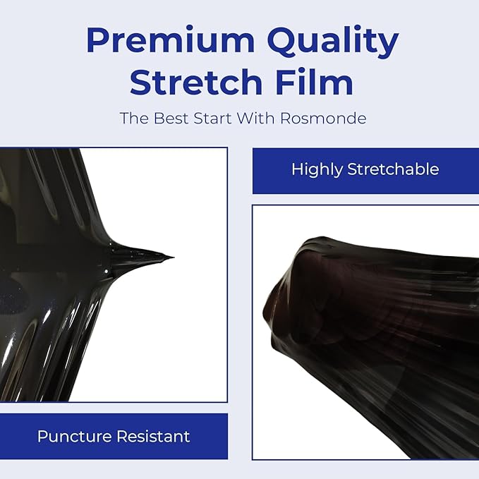 Rosmonde Bulk Black Plastic Wrap, 18" x 1500 ft, 20 Rolls Pack, 80 Gauge Heavy-Duty Pallet Shrink Wrap, True 1500 Ft, 3" Core, Puncture Resistant Stretch Wrap for Moving, Shipping & Secured Wrapping