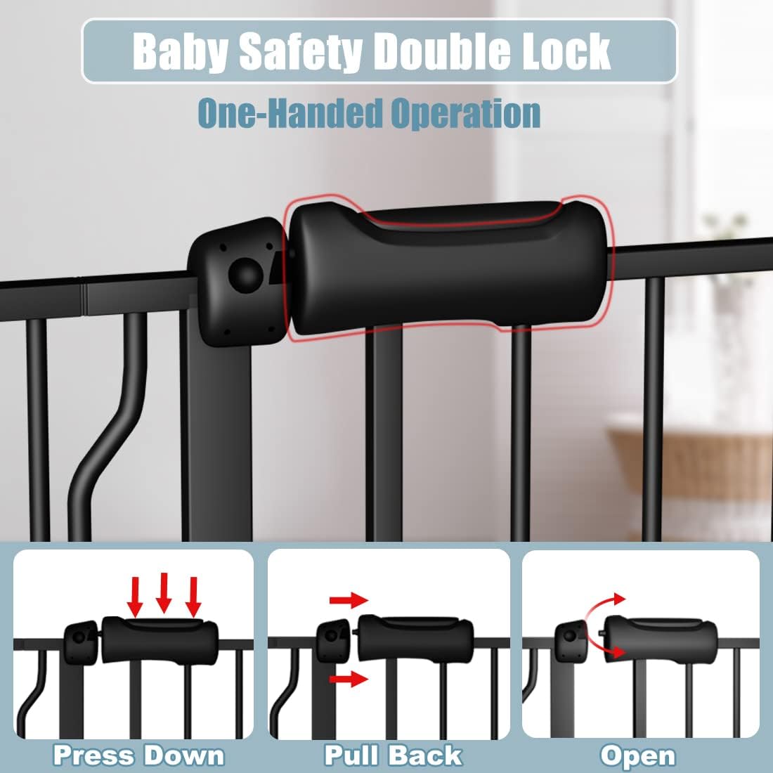 Black Baby Gate 29-34 Inch Wide Walk Through Pressure Mounted Safety Gate with Door No Drill Tension Metal Gate for Dog Cat and Toddler