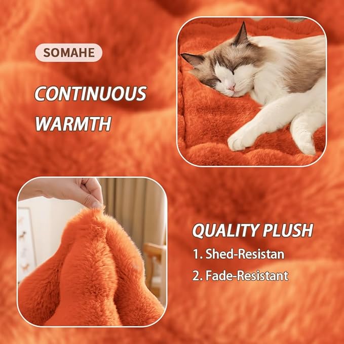Self-Warming Cat Bed, Plush Faux Fur Pet Bed Mat with Anti-Slip Bottom, Ultra Soft Heated Bed for Cats & Medium Dogs, Cozy Fluffy Pad for Couch & Crate, Machine Washable, 27x20 Inch Orange