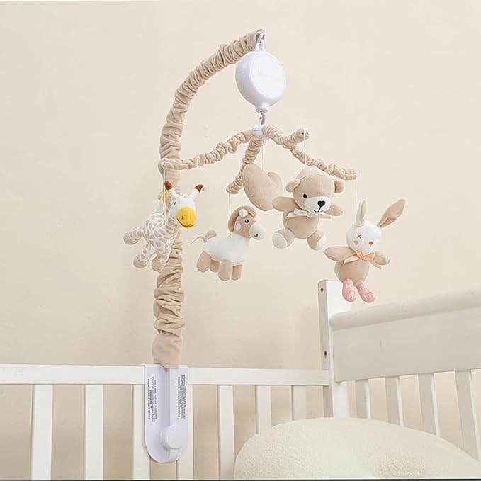 Musical Crib Mobile with 12 Lullabies, Rotating Arm and Detachable Plush Toys, Unisex Clip On Mobile for Standard Cribs, Baby Safe Materials for Sensory Development & Early Growth
