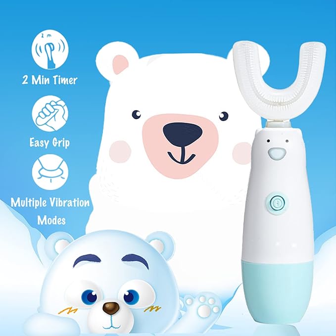 Kids Electric Toothbrush，U Shaped Toothbrush Waterproof Battery Powered 360 Automatic Sonic Toddler Toothbrushes for 8-13 Years Old for Boys Girls ，with 2 Replacement Brush Heads（Blue）