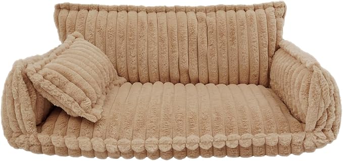 Pet Couch Bed for Dog and Cat, Plush Calming Couch for Pets with Removable Washable Cover, Modern Sofa Style Pet Bed for Home Living Room (Camel Color)