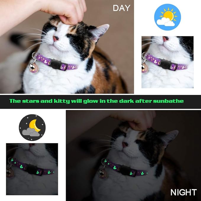Baeuppit 2PCS Breakaway Cat Collars with Bell Cute Kitty Glow in The Dark Adjustable Kitten Collars(Deep Green&Black)