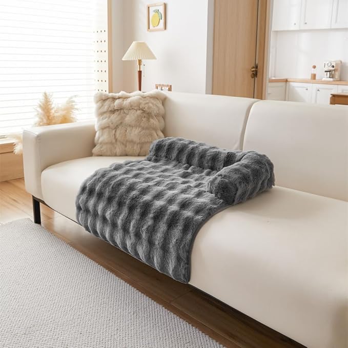 Calming Dog Bed Mat, Fluffy Fuzzy Couch Cover for Sofa, Winter Thickened Pet Mat with Anti-Slip Bottom Warm Soft Cushion Washable Pet Bed for Small Dogs and Cats (Gray, 90x90cm/35.4x35.4in)