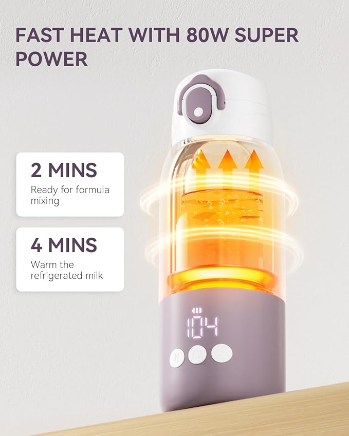 Portable Baby Bottle Warmer for Travel, Portable Milk Warmer with Fast Heating & Long Battery Life, Instant Breast Milk, Formula/Water Warmer with 12 Ounces Big Capacity, Baby Flask for Vehicle