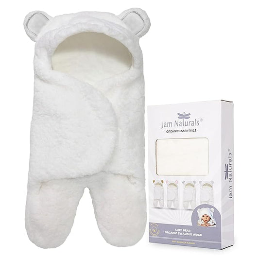 Jam Naturals-Cute Bear Organic Newborn Swaddle Wrap- Gender Neutral Soft Baby Blanket (White, 3-6m)