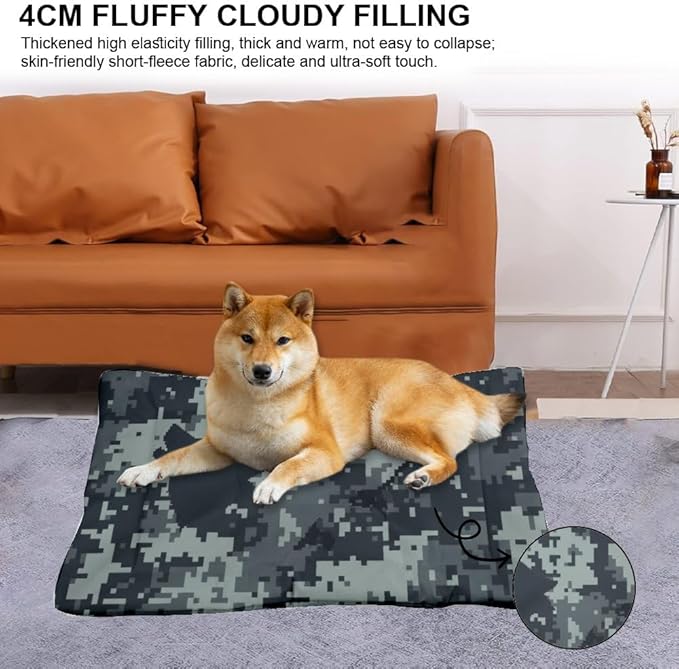 Grayscale Pixelated Camouflage Dog Beds & Furniture Outdoor Washable Dog Mat Pad for Crate Crate Pillow for Cages Non-Slip Bedding Easy Wash Bed Mats Bed Medium Sized Indoor Outdoor 24X18 Inch
