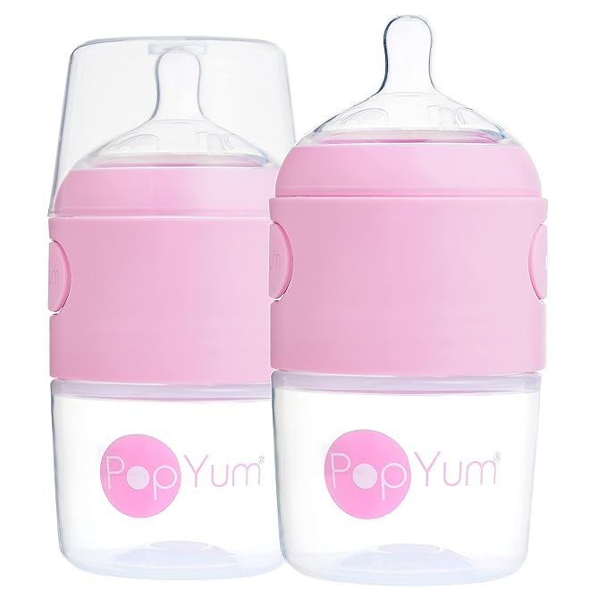 PopYum 5 oz Pink Anti-Colic Formula Making/Mixing/Dispenser Baby Bottles, 2-Pack with #1 Slow Flow Nipples, 150 ml, BPA-Free, Natural Latch