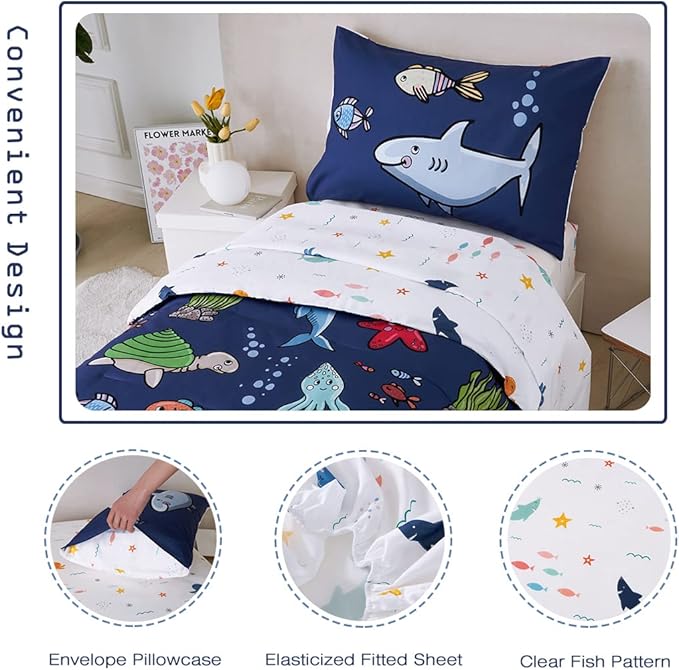 PERFEMET Kids Comforter Sets Boys Full Size-5 Piece Bed in A Bag Navy Blue Ocean Themed Comforter-Soft Reversible Cartoon Fish Shark Bedding Set for Girls Teens(Navy Blue, Ocean)
