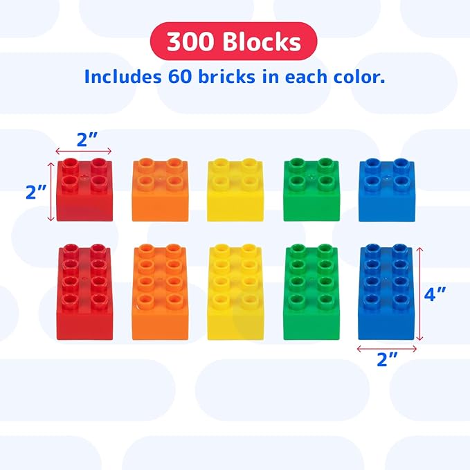 PREXTEX Building Blocks for Toddlers - 300 Jumbo Building Bricks with Carrying Box for Easy Storage - 5-Color Build Toys and Gift Set for Kids Ages 3 and Above - Compatible with Major Brands