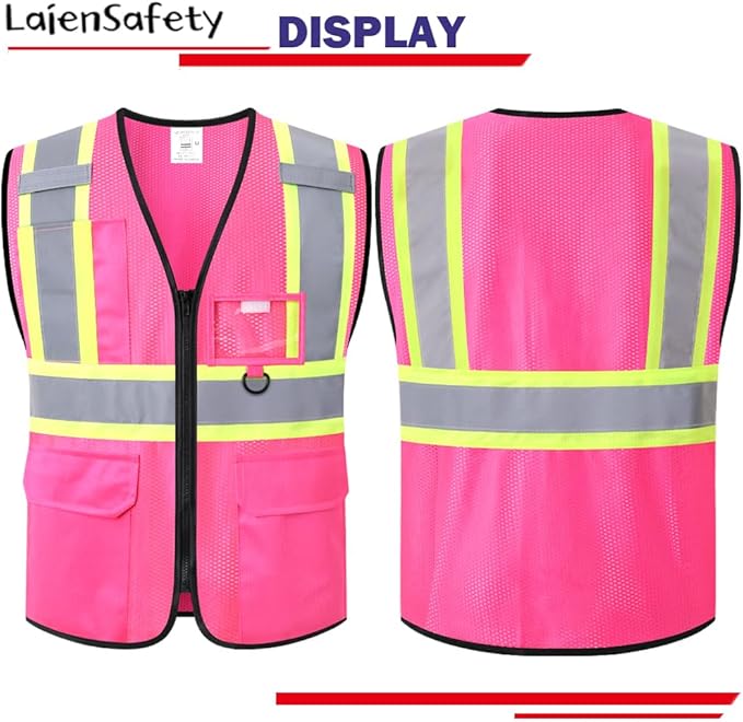 Safety Vest for Men Women Reflective with Multiple Pockets Mesh High Visibility Construction Work Vest,Meets ANSI/ISEA Standards(EK1-178-Pink-XL)