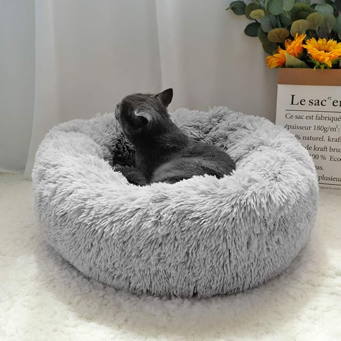 otoez Kitten Puppy Bed Extra Small XS Round Dog Cat Beds Anti Anxiety Plush Pet Calming Donut Bed with Non-Slip Waterproof Bottom, Washable (15.7", Light Grey)