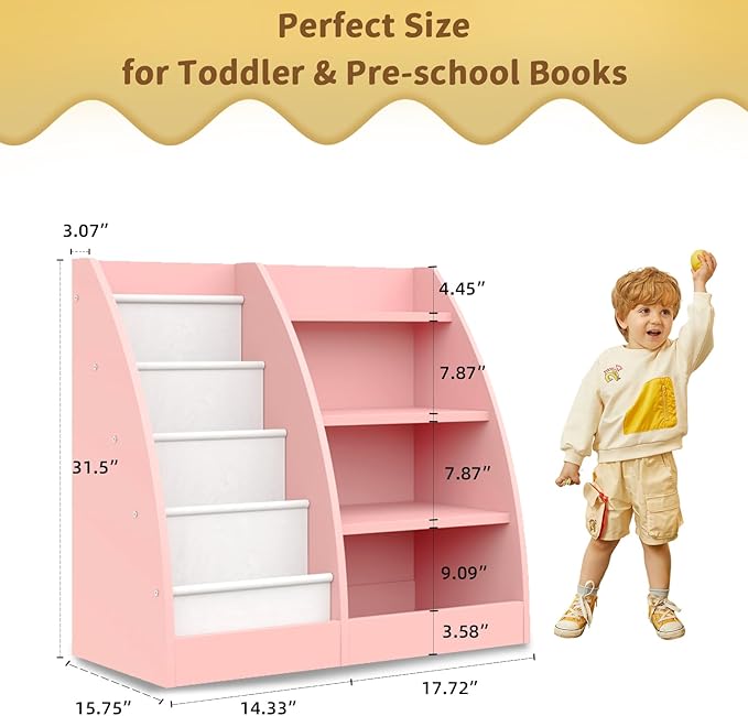 4 Tier Kids Bookshelf,4 Layer Sling Kids Book Shelf for Kids Rooms,Wood Children Bookcase,Baby Storage Book Rack,Toddler Bookshelf, Book and Toy Organizer,Book Display Shelf for Bedroom, Nursery