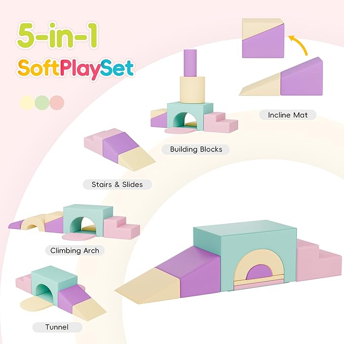 Soft Foam Climbing Blocks Set – Large 5-in-1 Soft Play Toys Crawling & Sliding Climbing Arch for Toddlers, Foam Playset for Nursery,Preschool,Pink