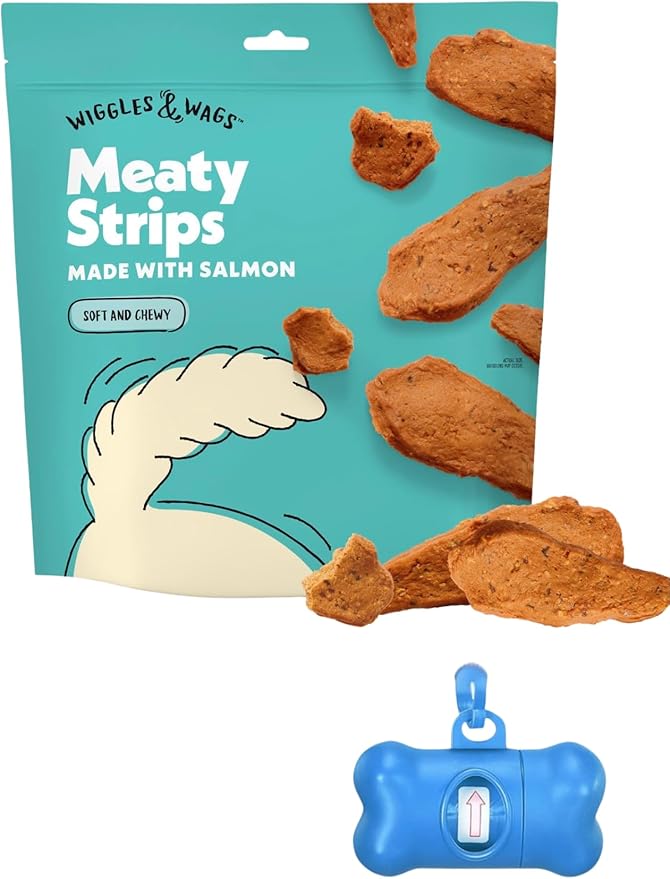 Wiggles & Wags Meaty Strips Dog Treats, Salmon Flavor, 16 oz with DN Essentials Bone Shaped Waste Bag Dispenser & Free Roll