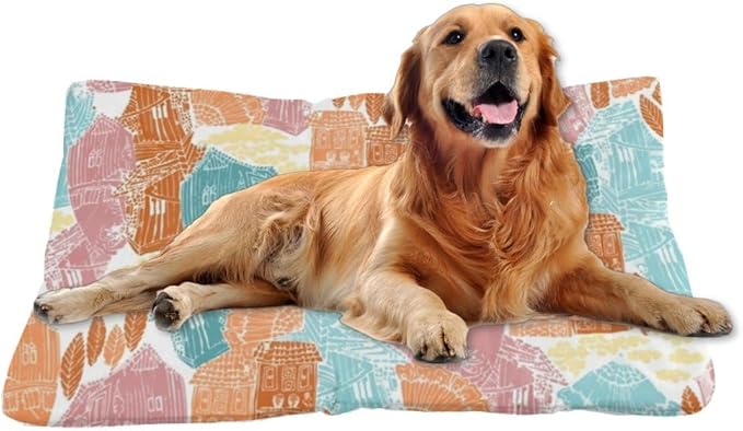 Coloful Village Scene Modern Dog Bed Furniture Dog Crate Mat Pet Pad Pads for Crates Washable Non-Slip Crate Bed Easy Clean Mats for Dogs Pillow Indoor Outdoor 24X18 Inch