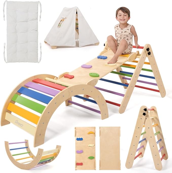 Pikler Triangle Set with Cushion, 8-in-1 Toddler Climbing Toys Indoor, Wooden Montessori Climbing Set with Arch Ramp,Ladder&Tent Cloth, Baby Indoor Climber Jungle Gyms for Toddlers Toy, Rainbow