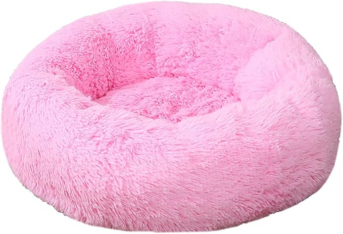 Calming Faux Fur Dog Beds Calming Donut Cuddler Dog Bed Washable Round Cat Bed Pillow Cuddler Fluffy Indoor Dog Calming Beds with Anti Slip Bottom Solid Color Pink 47 Inch
