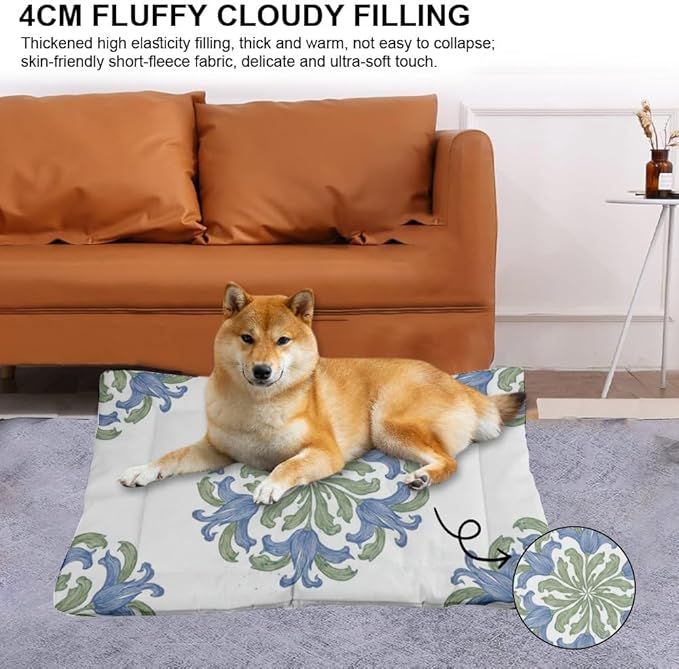 Vintage Blue Green Floral Dog Beds and Furniture Washable Crate Mat Cage Pads Puppy Crate Bed Non-Slip Beds for Small Dogs Dog Bed Pillows Mats for Dogs Pet Cushions Indoor Outdoor 36X24 Inch