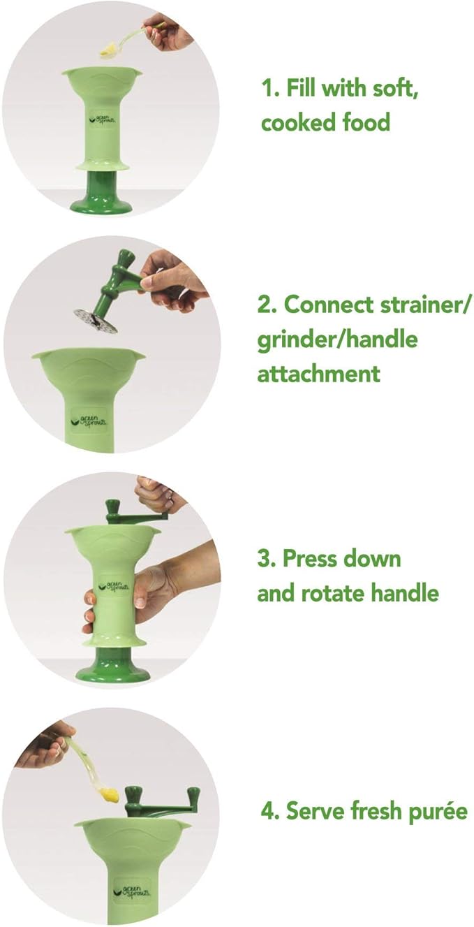 green sprouts Fresh Baby Food Mill - Easily Purees Food for Baby, Separates Seeds & Skins, Compact Size, No Batteries or Electricity Needed, Dishwasher Safe
