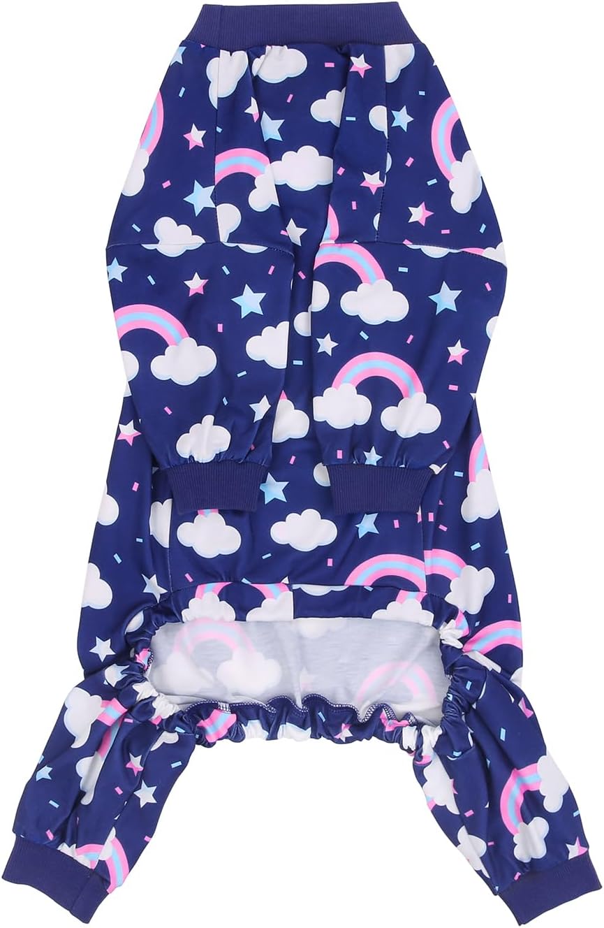 HDE Dog Pajamas One Piece Jammies Jumpsuit Pet Clothes Outfit Stretchy Lightweight Comfy Shirt Pjs for M-3XL Dogs Rainbows - XL
