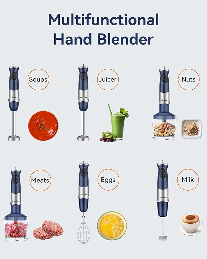 Immersion Blender Handheld 1000W 5 in 1 Corded Stick Hand Blender Kitchen with 12 Speed, BPA-Free, Mixing Beaker, Chopper, Whisk, Milk Frother, Perfect Emulsifier for Soup, Baby Food, Sauce, Puree