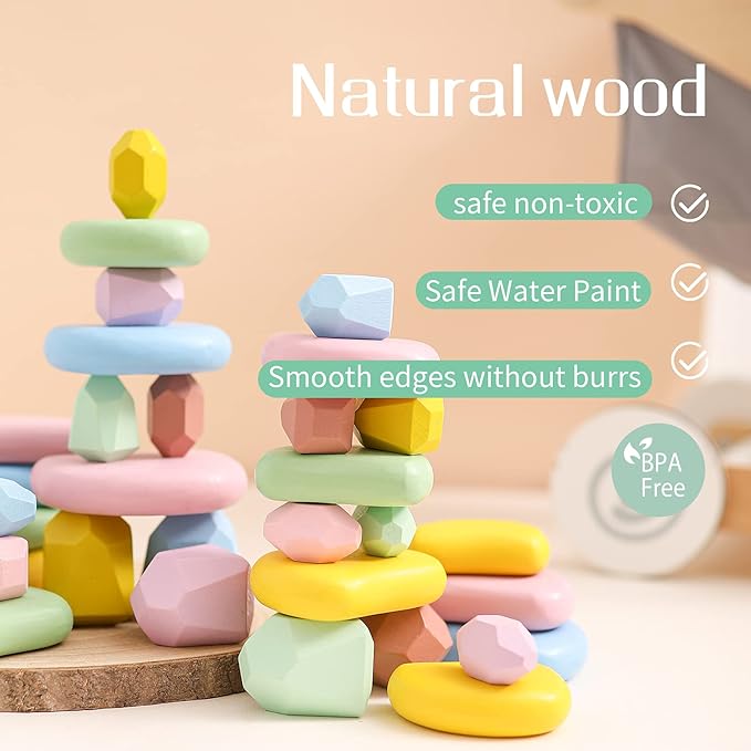 OESSUF 34PCs Stacking Rocks Balancing Stones Wooden Stacking Toys for Toddler Montessori Sorting Game