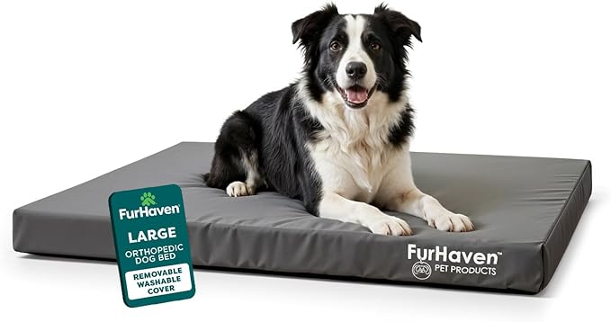 FurHaven Water-Resistant Orthopedic Dog Bed for Large Dogs, Oxford Polycanvas Mattress with Egg Crate and a Solid Orthopedic Foam Base for Joint Support, Washable Cover, Large, Stone Gray