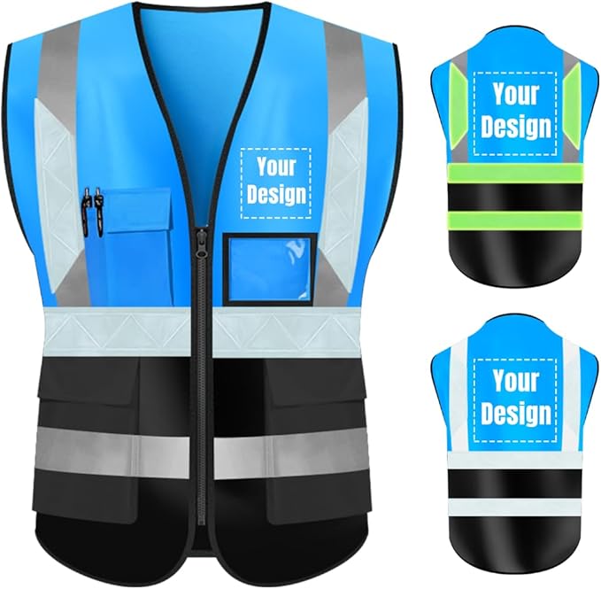 YOWESHOP High Visibility Safety Vest Custom Your Logo Protective Workwear 5 Pockets With Reflective Strips Outdoor Work Vest (S, Blue Black Luminous)