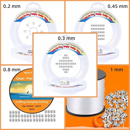 Aboda Clear Fishing Wire Dia. 0.2 mm to 1 mm 656ft Fishing Line for Crafts Hanging Beading Clear String for Hanging Decorations Balloons Garlands with Crimp Sleeves 17lb Test