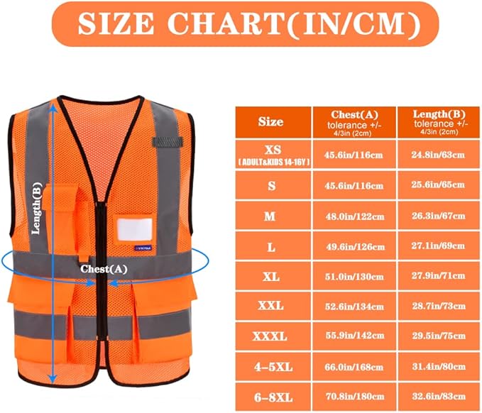 A-SAFETY Orange High Visibility Safety Vest Reflective, 3M Multi Pockets Working Vest Working Uniform Zipper Front ANSI/ISEA Standards 7 Pockets Class 2,3XL
