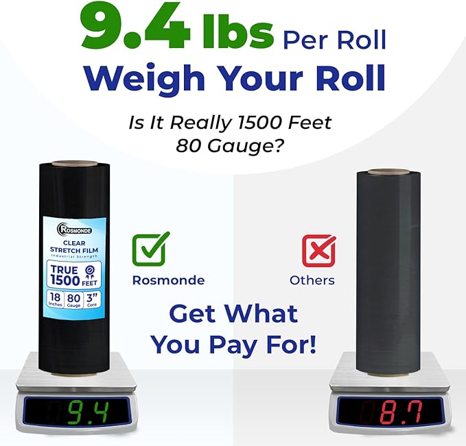 Rosmonde Bulk Black Plastic Wrap, 18" x 1500 ft, 20 Rolls Pack, 80 Gauge Heavy-Duty Pallet Shrink Wrap, True 1500 Ft, 3" Core, Puncture Resistant Stretch Wrap for Moving, Shipping & Secured Wrapping