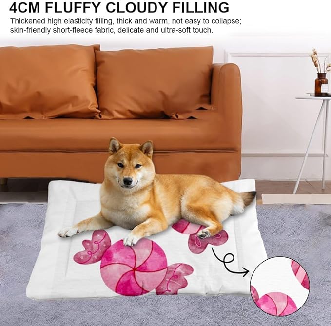 Christmas Candy Pink Dog Crate Bed Non Slip Waterproof Bottom Thick Dog Bed Chew Proof Cat Pads Washable Pet Sleep Mat Multi Scenario Pet Friendly Furniture 36× 24 Inch