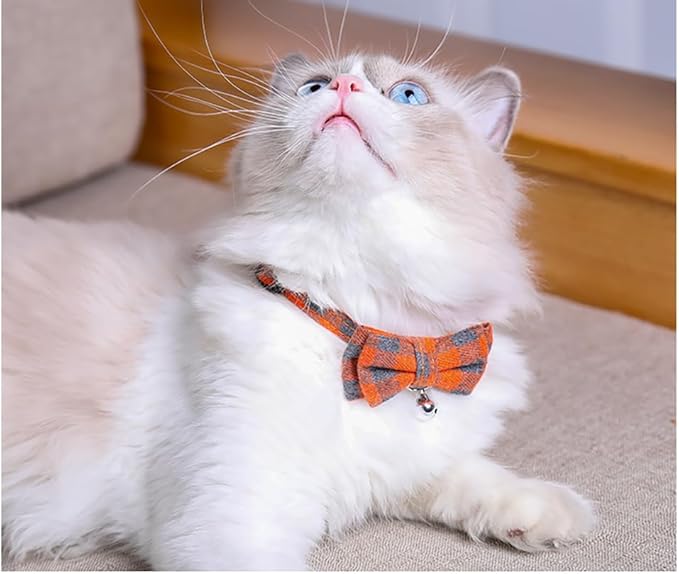 Orange Plaid Bow Cat Collar with Bell, Breakaway Kitten Bell Collar with Bowtie Christmas Dog Collars Boy for XXS Xs Small Tiny Little Pet Dogs Girl Kitten, for Hoilday Birthday Party
