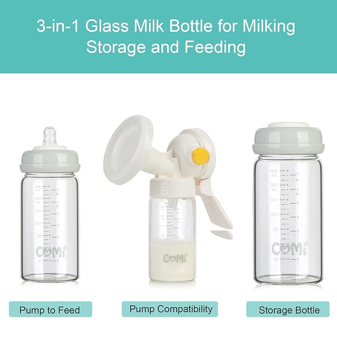 COMI Wide Neck Glass Breastmilk Collection n Storage Bottle, 4 Packs, 8oz with Screw Ring Sealing Disk; Re-markable Sealing Disc. BPA Free, Fits Breast Pumps & Nipples (2 Gray Lids + 2 Pink Lids)
