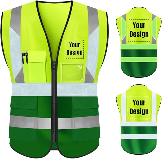 YOWESHOP High Visibility Safety Vest Custom Your Logo Protective Workwear 5 Pockets With Reflective Strips Outdoor Work Vest (3XL, Yellow Green Luminous)