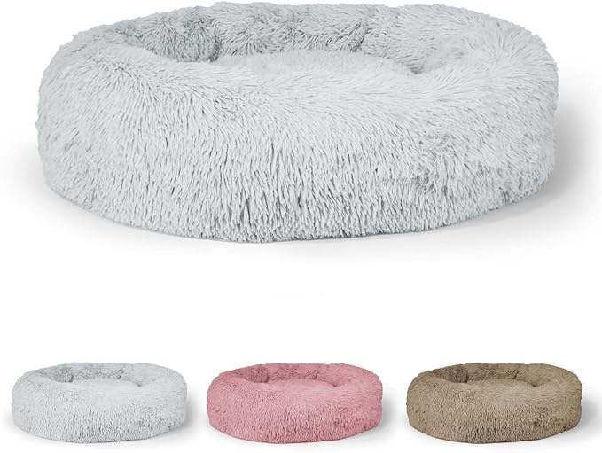 24/30 Inch Calming Donut Pet Bed for Small/Medium Cats and Dogs, Anti-Slip Bottom, Washable, Anti-Anxiety Fluffy Round Cat Bed, Indoor Shaggy Cuddler Cotton Candy Brown, Light Gray, Pink Bed