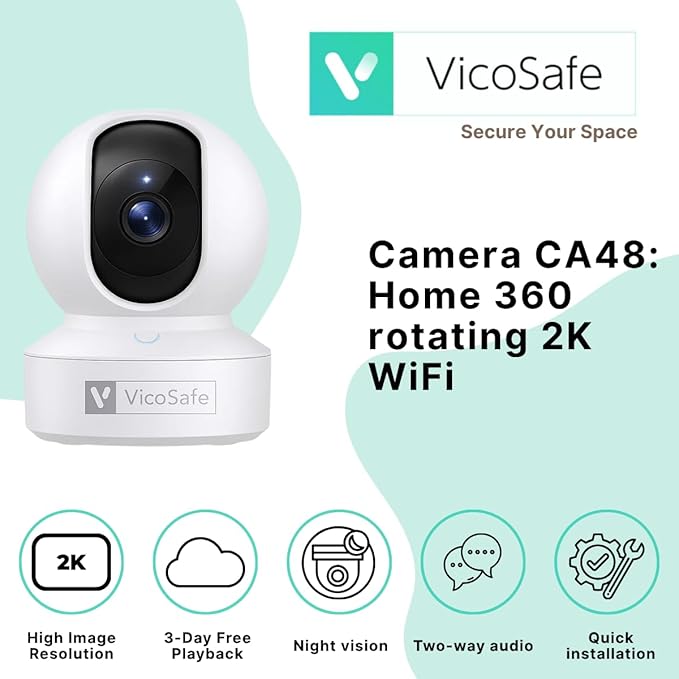 VicoHome CA48 Indoor Security Camera – 3K WiFi Pet & Baby Monitor, 360° Pan/Tilt, Night Vision, Motion Detection, Two-Way Audio, Works with VicoHome App