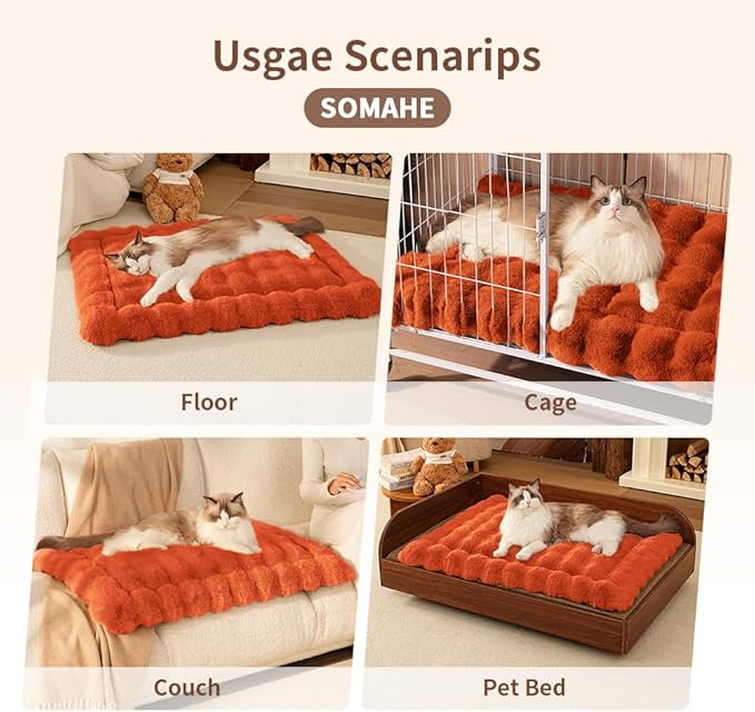 Self-Warming Cat Bed, Plush Faux Fur Pet Bed Mat with Anti-Slip Bottom, Ultra Soft Heated Pad for Cats & Kittens, Cozy Fluffy Bed for Window & Sills Couches, Machine Washable, 23x15 Inch Orange