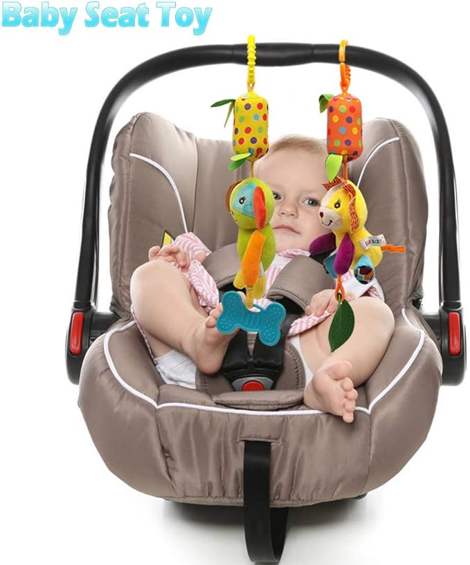 Bloobloomax Baby Soft Hanging Rattle, Car Seat Stroller Toys with Plush Animal C-Clip Ring for Infant Babies Boys and Girls 3 6 9 to 12 Months (12PCS-A)