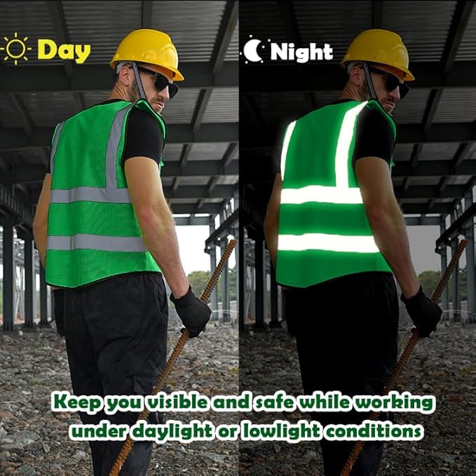 BeautyWill 10 Pack Mesh Safety Vest Custom Logo Class2 High Visibility Reflective Vest with 5 Pockets Construction Security Work Vest ANSI/ISEA Standards（Green，3XL ）