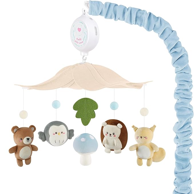 Woodland Crib Mobile – Forest Animals Baby Mobile for Crib with Upgraded 3-Mode Music Box, Blue Nursery Mobiles for Boys & Girls, Fits Standard Cribs, Forest Nursery Decor