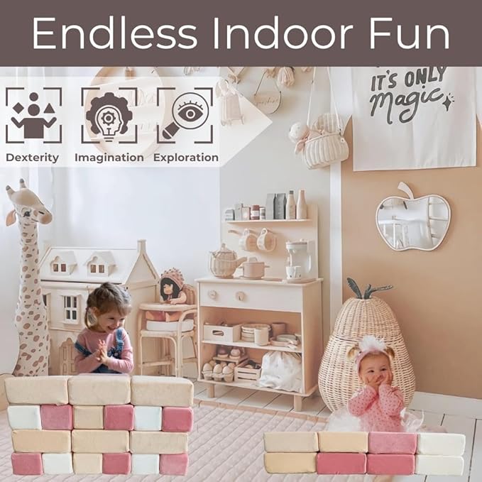 Wonder Space Plush Foam Blocks - Nursery Building & Stacking Toys for Toddlers Boys & Girls, Soft Smooth Velvet Cover, Early Education Gross Motor Skills & Brain Development (24 Bricks, Soft Blush)