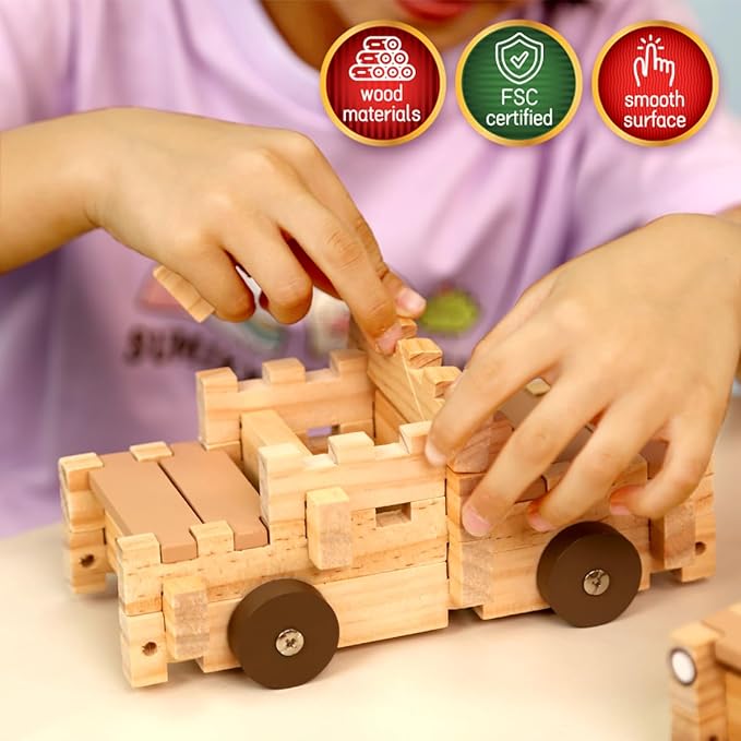 Jovi-mindly＆Notchies Wooden Blocks Train Set 101 PCS Create 40+ Shapes,Toys Educational Wooden Building Blocks Puzzles for Kids Ages 5-8 Boys and Girls,Truck/Excavator,FSC Certified,Graduate Gifts